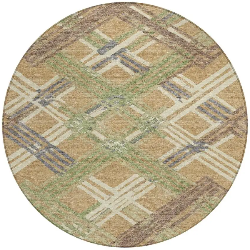 8' Gold And Brown Round Geometric Washable Indoor Outdoor Area Rug Photo 3