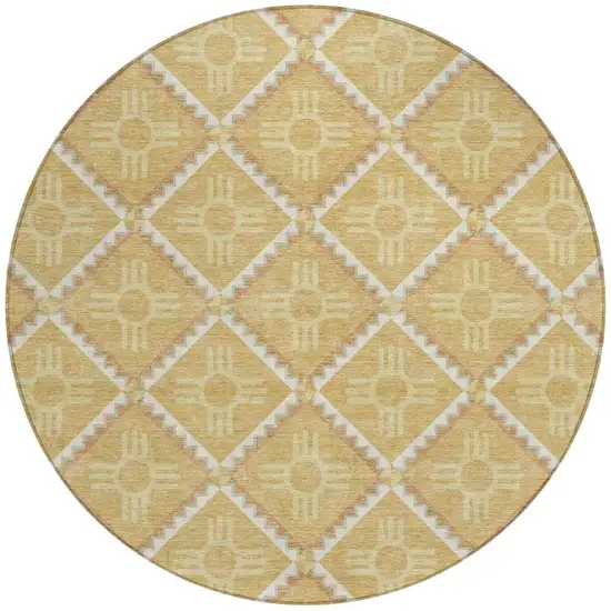 8' Gold And Brown Round Geometric Washable Indoor Outdoor Area Rug Photo 3