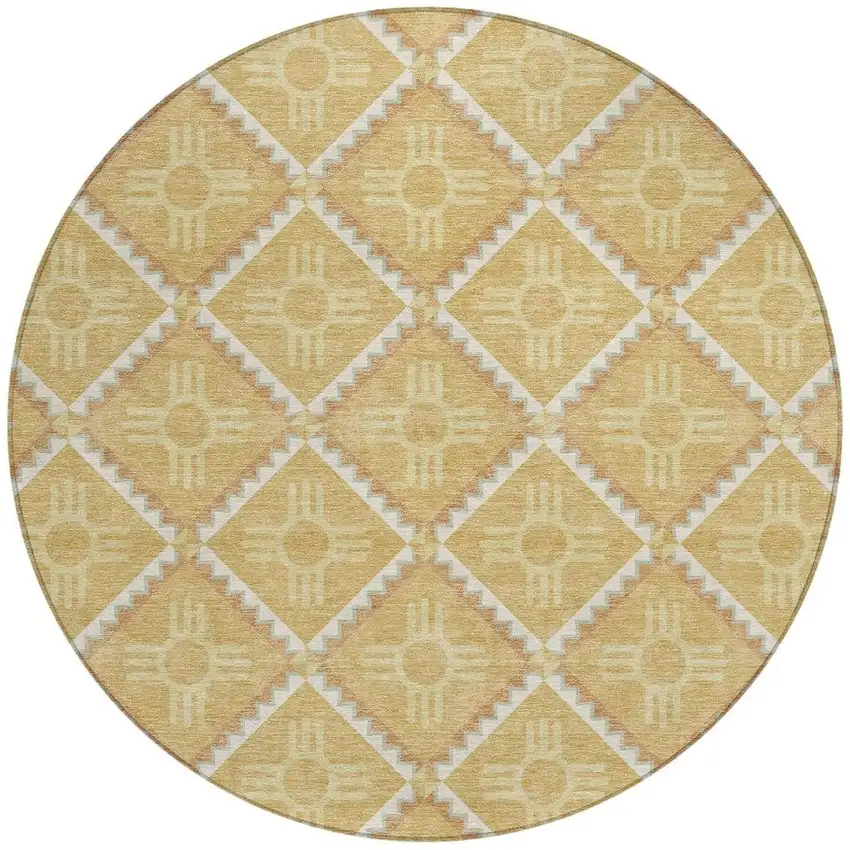 8' Gold And Brown Round Geometric Washable Indoor Outdoor Area Rug Photo 3