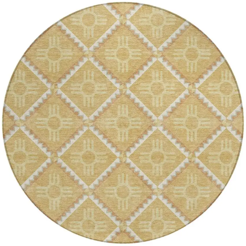 8' Gold And Brown Round Geometric Washable Indoor Outdoor Area Rug Photo 4