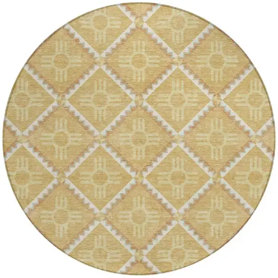 8' Gold And Brown Round Geometric Washable Indoor Outdoor Area Rug Photo 4