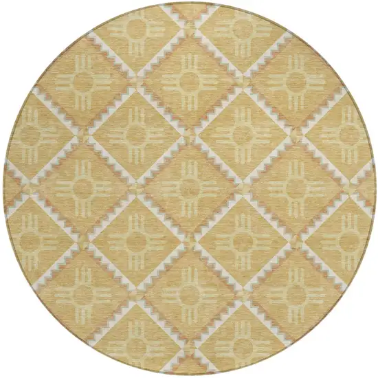 8' Gold And Brown Round Geometric Washable Indoor Outdoor Area Rug Photo 2