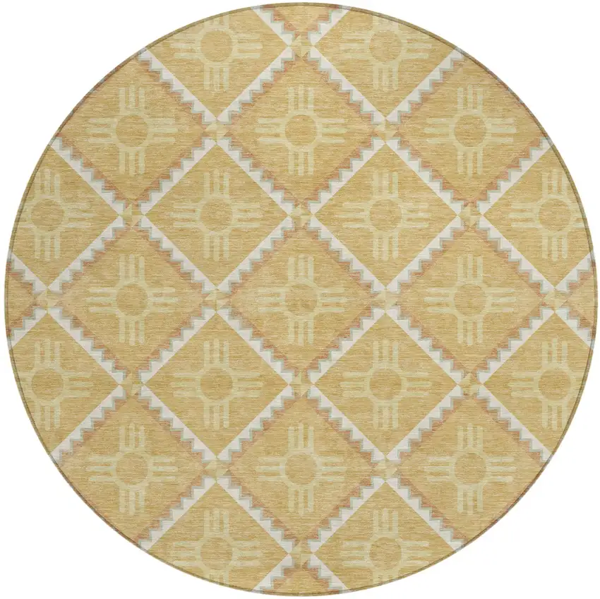 8' Gold And Brown Round Geometric Washable Indoor Outdoor Area Rug Photo 2
