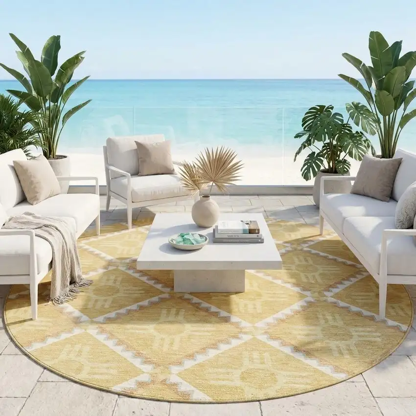8' Gold And Brown Round Geometric Washable Indoor Outdoor Area Rug Photo 1