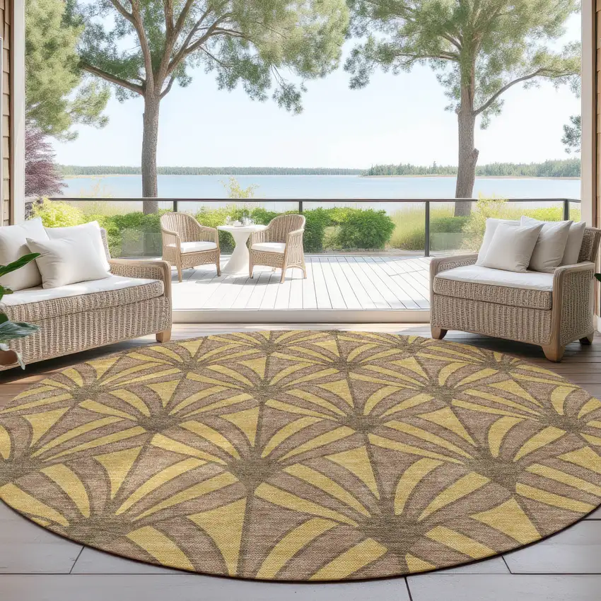 8' Gold And Brown Round Seashell Washable Indoor Outdoor Area Rug Photo 4