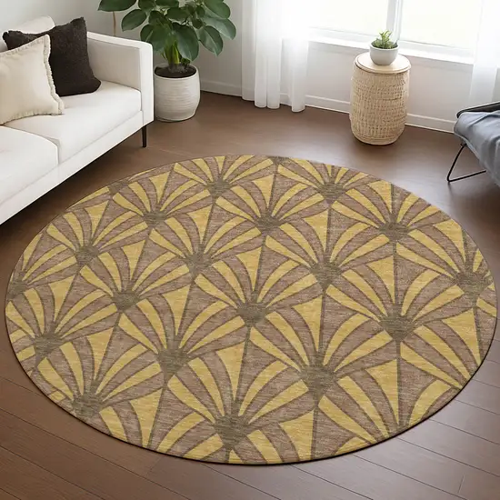 8' Gold And Brown Round Seashell Washable Indoor Outdoor Area Rug Photo 5