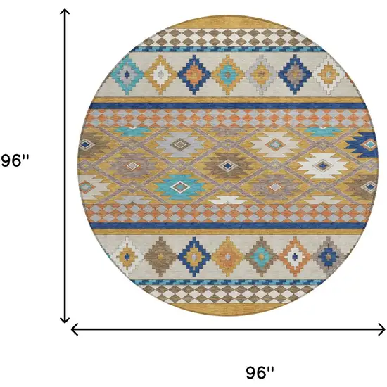 8' Gold And Brown Round Southwestern Washable Indoor Outdoor Area Rug Photo 7