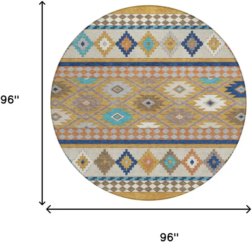 8' Gold And Brown Round Southwestern Washable Indoor Outdoor Area Rug Photo 7