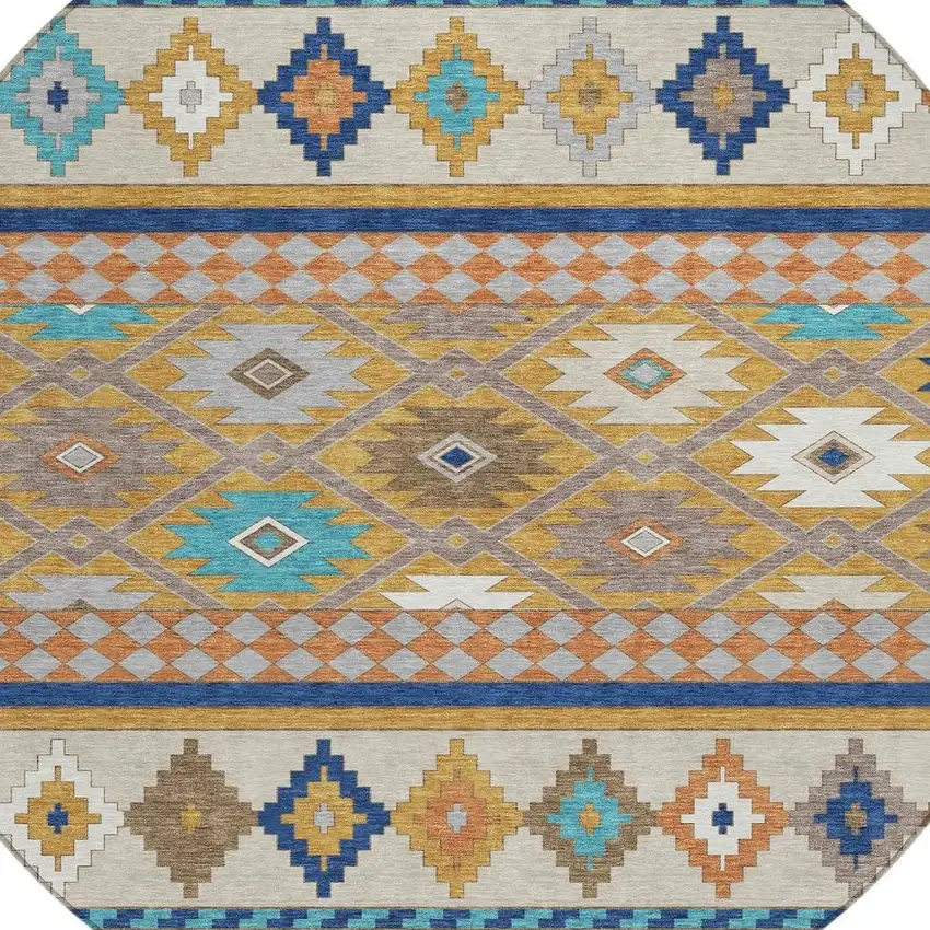 8' Gold And Brown Round Southwestern Washable Indoor Outdoor Area Rug Photo 3