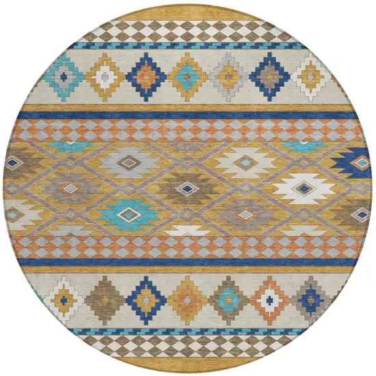 8' Gold And Brown Round Southwestern Washable Indoor Outdoor Area Rug Photo 2