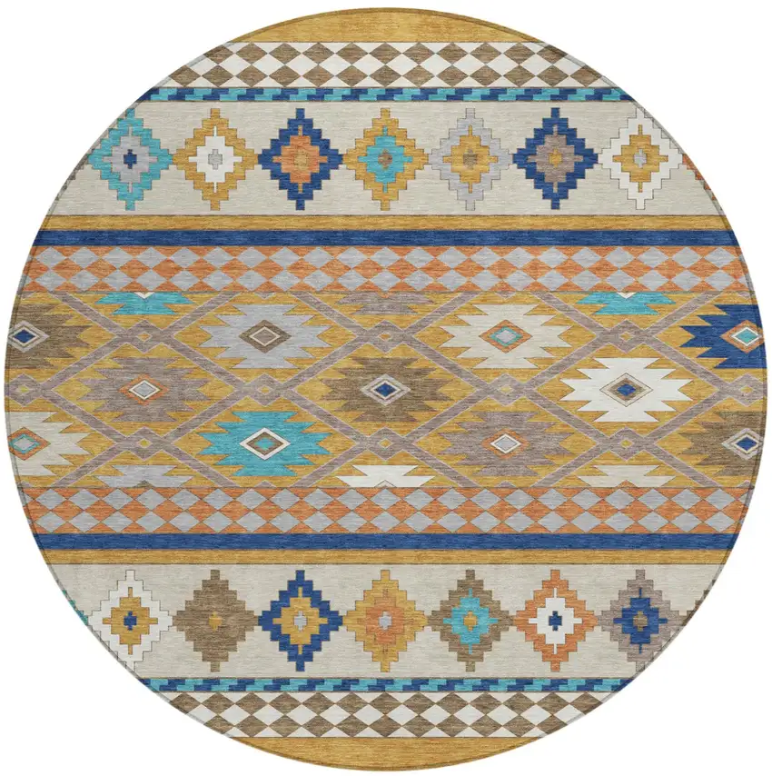 8' Gold And Brown Round Southwestern Washable Indoor Outdoor Area Rug Photo 2