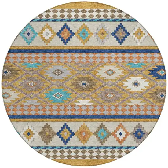 8' Gold And Brown Round Southwestern Washable Indoor Outdoor Area Rug Photo 4
