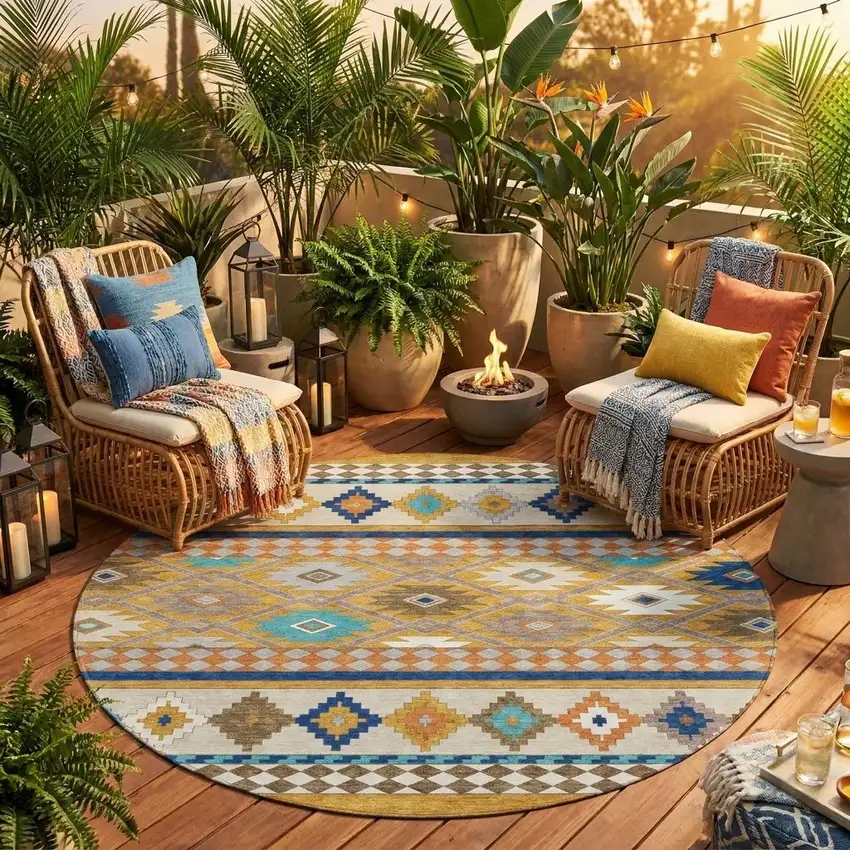 8' Gold And Brown Round Southwestern Washable Indoor Outdoor Area Rug Photo 1