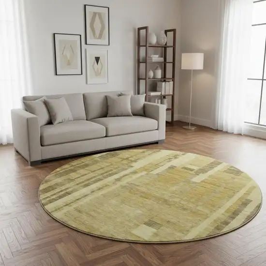 8' Gold And Brown Striped Washable Round Rug With UV Protection Photo 2