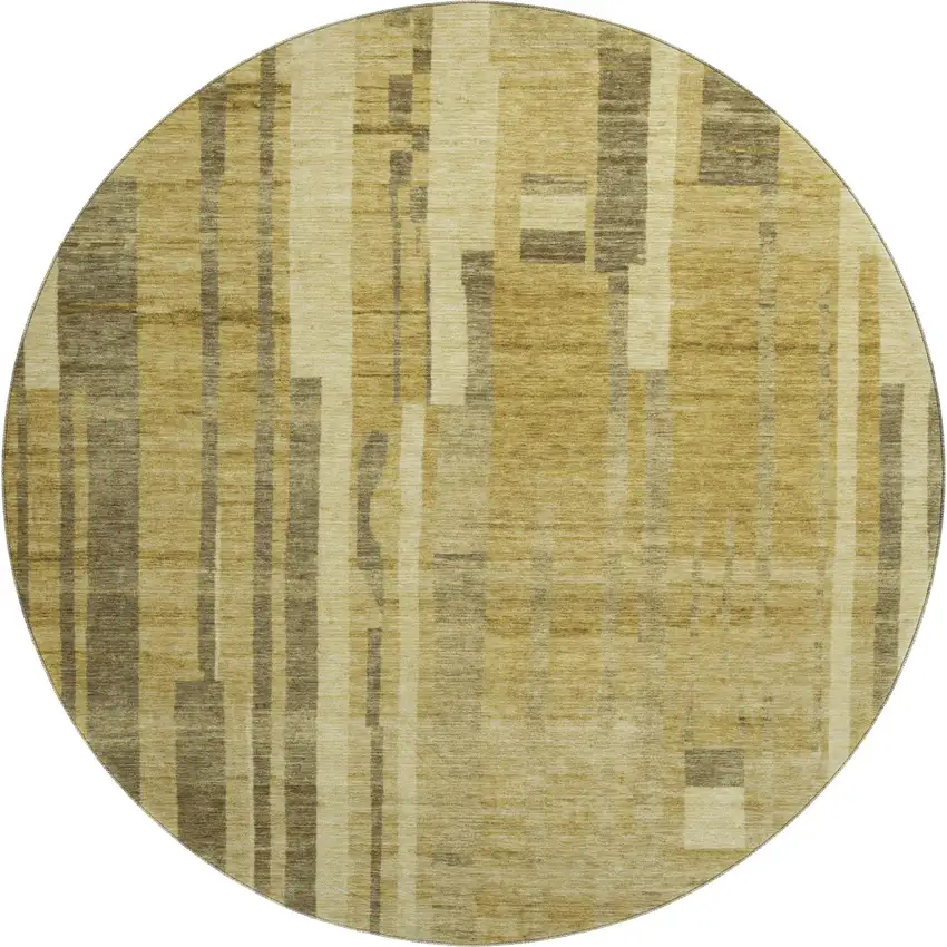 8' Gold And Brown Striped Washable Round Rug With UV Protection Photo 1