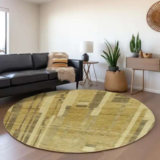 8' Gold And Brown Striped Washable Round Rug With UV Protection Photo 4
