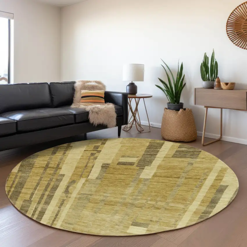 8' Gold And Brown Striped Washable Round Rug With UV Protection Photo 4