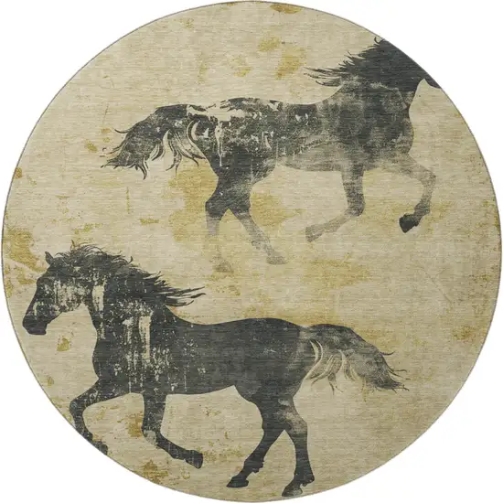 8' Gold And Charcoal Animal Print Washable Round Rug With UV Protection Photo 3