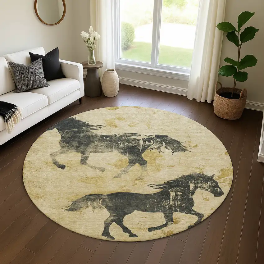 8' Gold And Charcoal Animal Print Washable Round Rug With UV Protection Photo 4