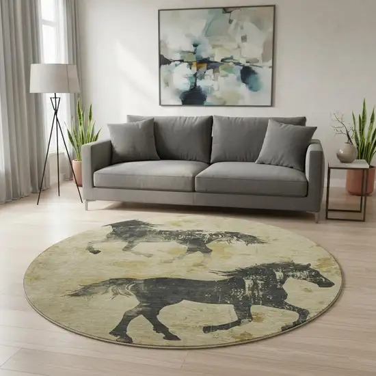 8' Gold And Charcoal Animal Print Washable Round Rug With UV Protection Photo 2