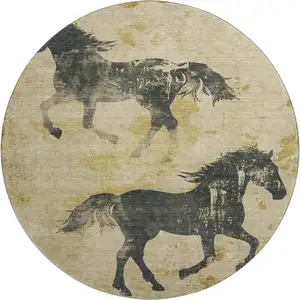 Photo of 8' Gold And Charcoal Animal Print Washable Round Rug With UV Protection