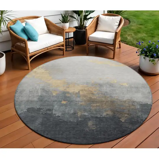 8' Gold And Charcoal Round Abstract Washable Indoor Outdoor Area Rug Photo 1