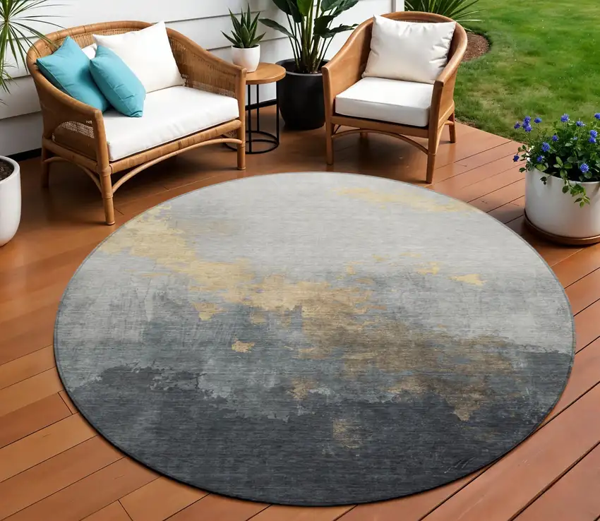 8' Gold And Charcoal Round Abstract Washable Indoor Outdoor Area Rug Photo 1