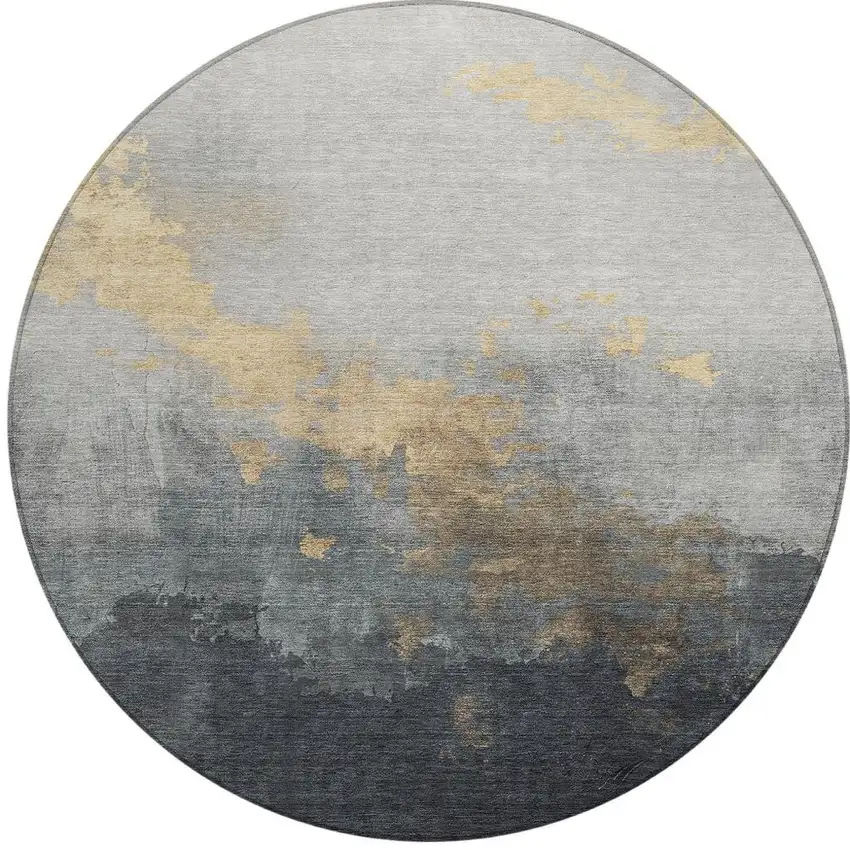 8' Gold And Charcoal Round Abstract Washable Indoor Outdoor Area Rug Photo 4