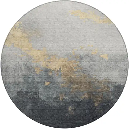 8' Gold And Charcoal Round Abstract Washable Indoor Outdoor Area Rug Photo 2