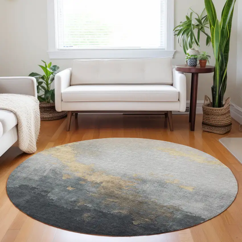 8' Gold And Charcoal Round Abstract Washable Indoor Outdoor Area Rug Photo 6