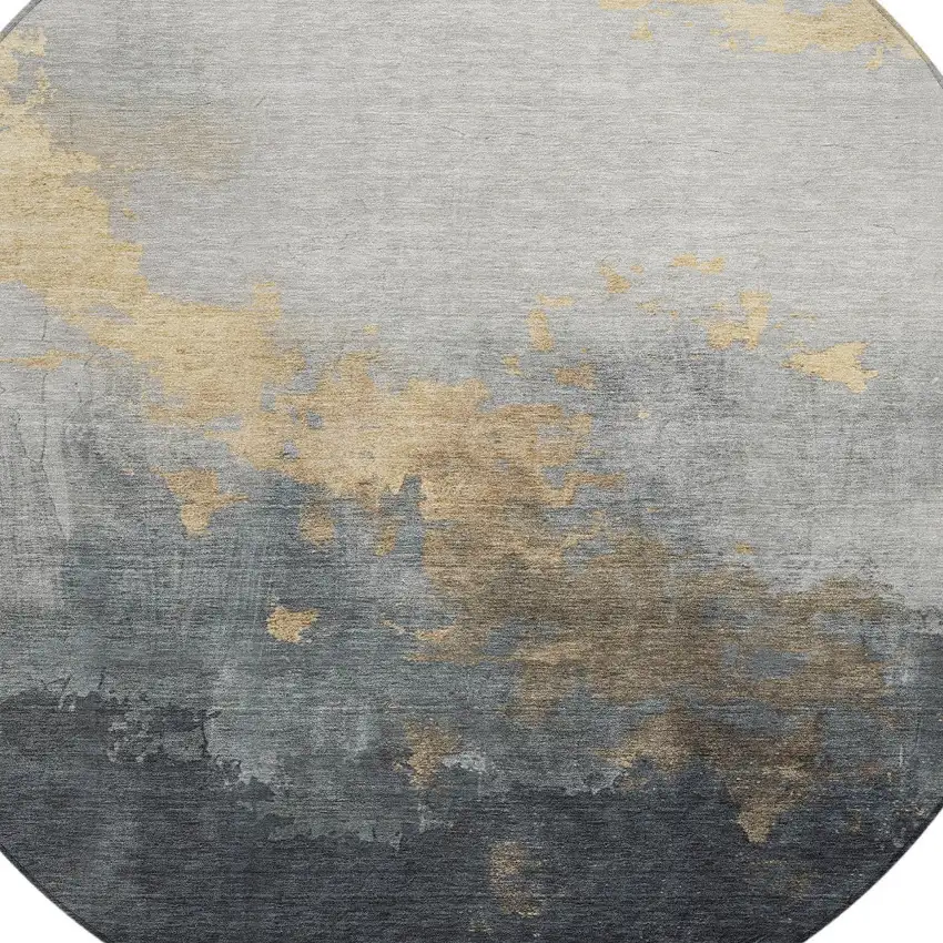 8' Gold And Charcoal Round Abstract Washable Indoor Outdoor Area Rug Photo 8