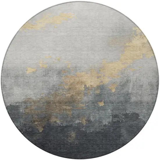8' Gold And Charcoal Round Abstract Washable Indoor Outdoor Area Rug Photo 3
