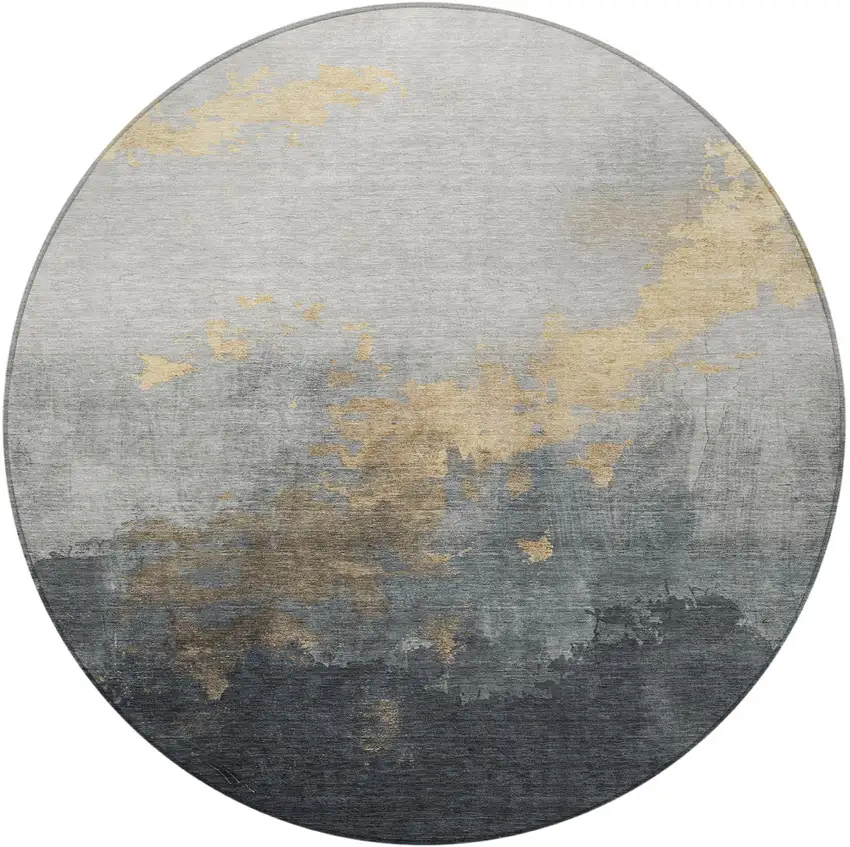 8' Gold And Charcoal Round Abstract Washable Indoor Outdoor Area Rug Photo 3