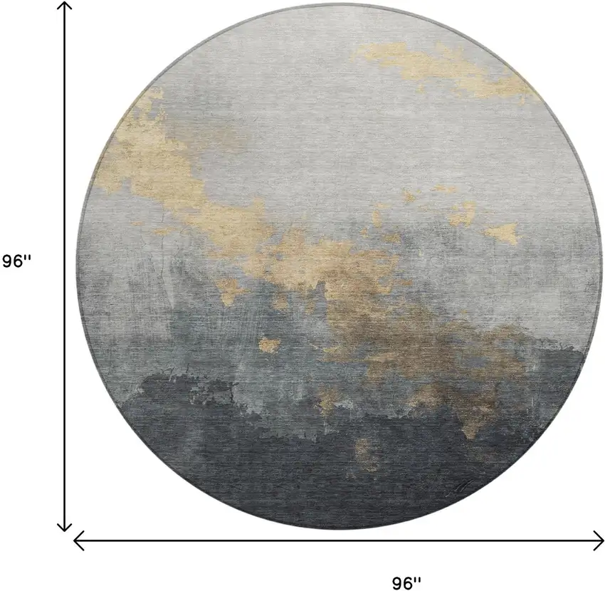 8' Gold And Charcoal Round Abstract Washable Indoor Outdoor Area Rug Photo 9