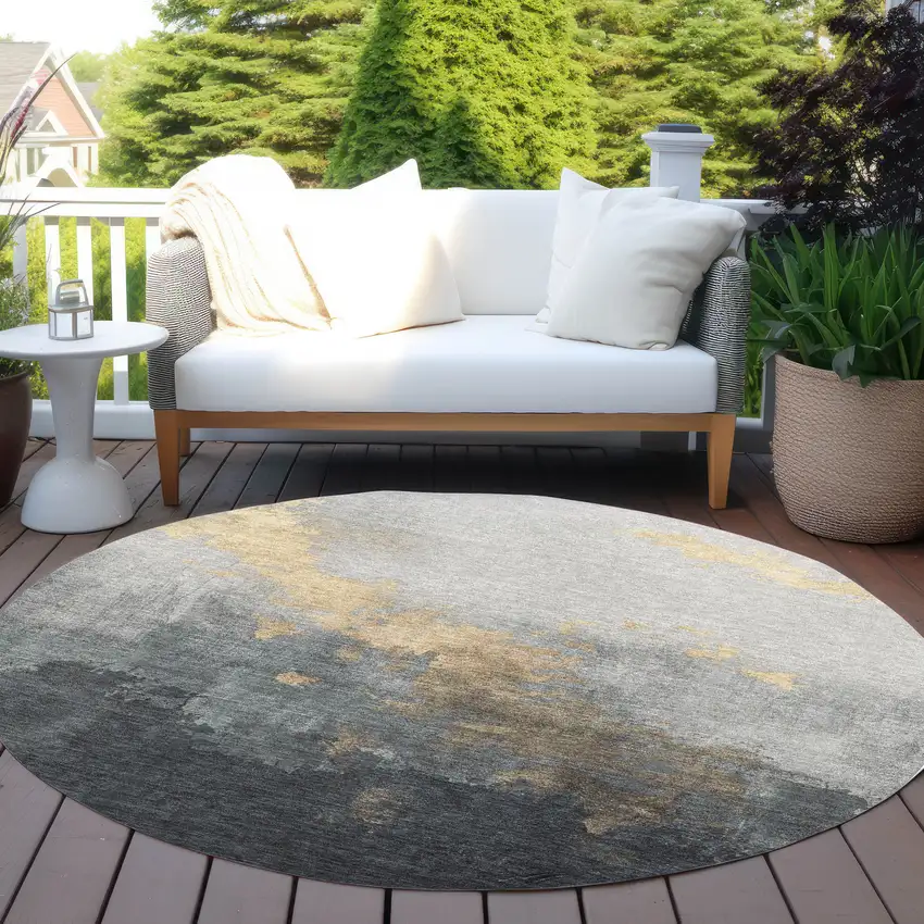 8' Gold And Charcoal Round Abstract Washable Indoor Outdoor Area Rug Photo 5