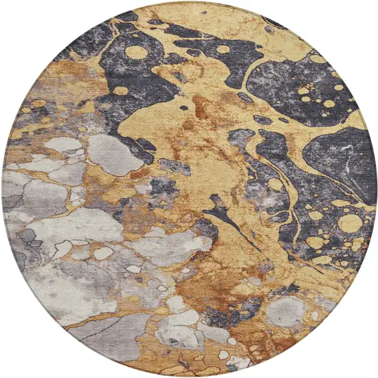 8' Gold And Charcoal Round Abstract Washable Indoor Outdoor Area Rug Photo 1