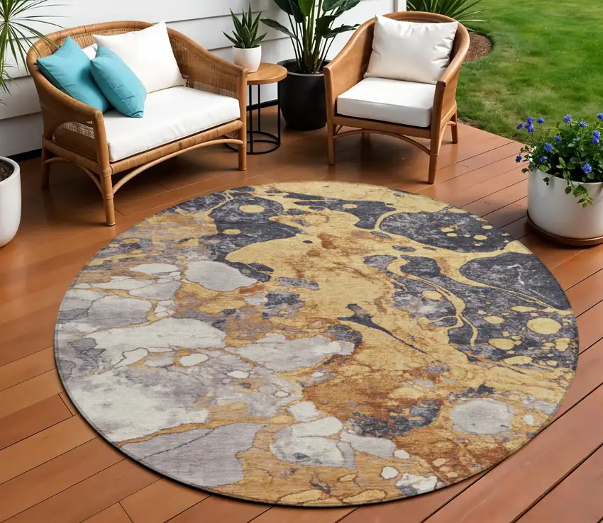 8' Gold And Charcoal Round Abstract Washable Indoor Outdoor Area Rug Photo 2