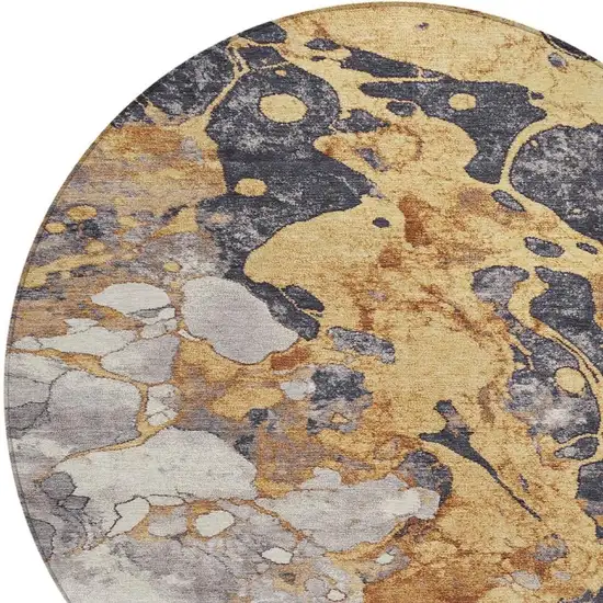 8' Gold And Charcoal Round Abstract Washable Indoor Outdoor Area Rug Photo 4