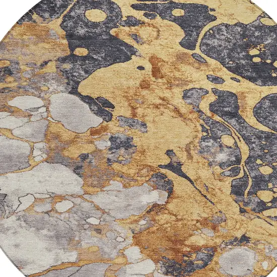 8' Gold And Charcoal Round Abstract Washable Indoor Outdoor Area Rug Photo 8