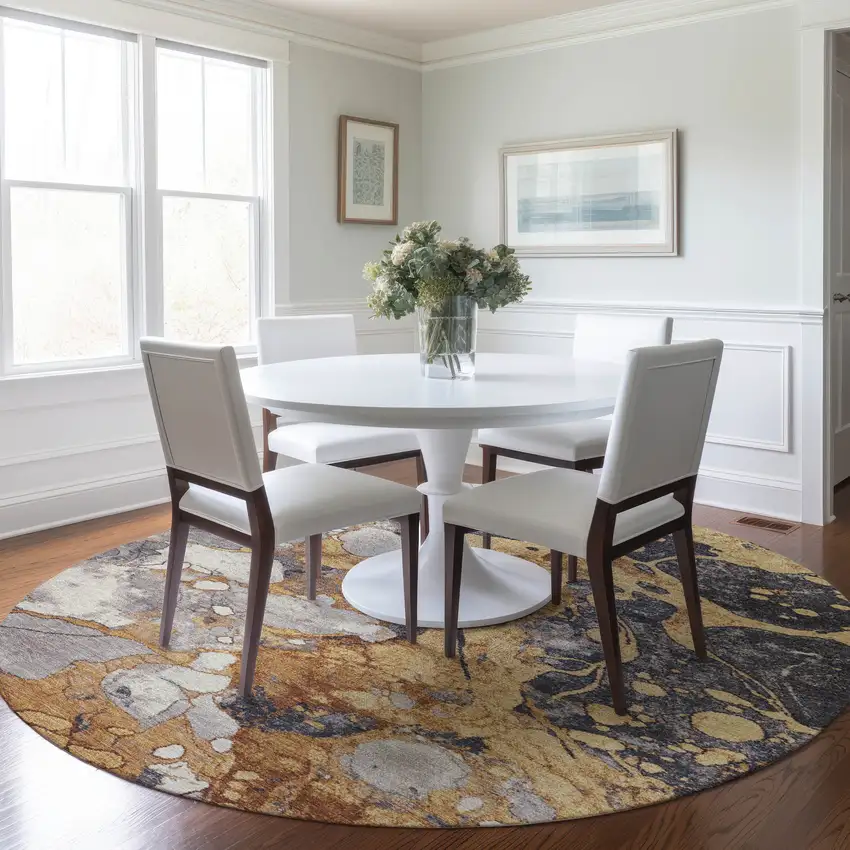 8' Gold And Charcoal Round Abstract Washable Indoor Outdoor Area Rug Photo 6