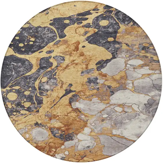8' Gold And Charcoal Round Abstract Washable Indoor Outdoor Area Rug Photo 3