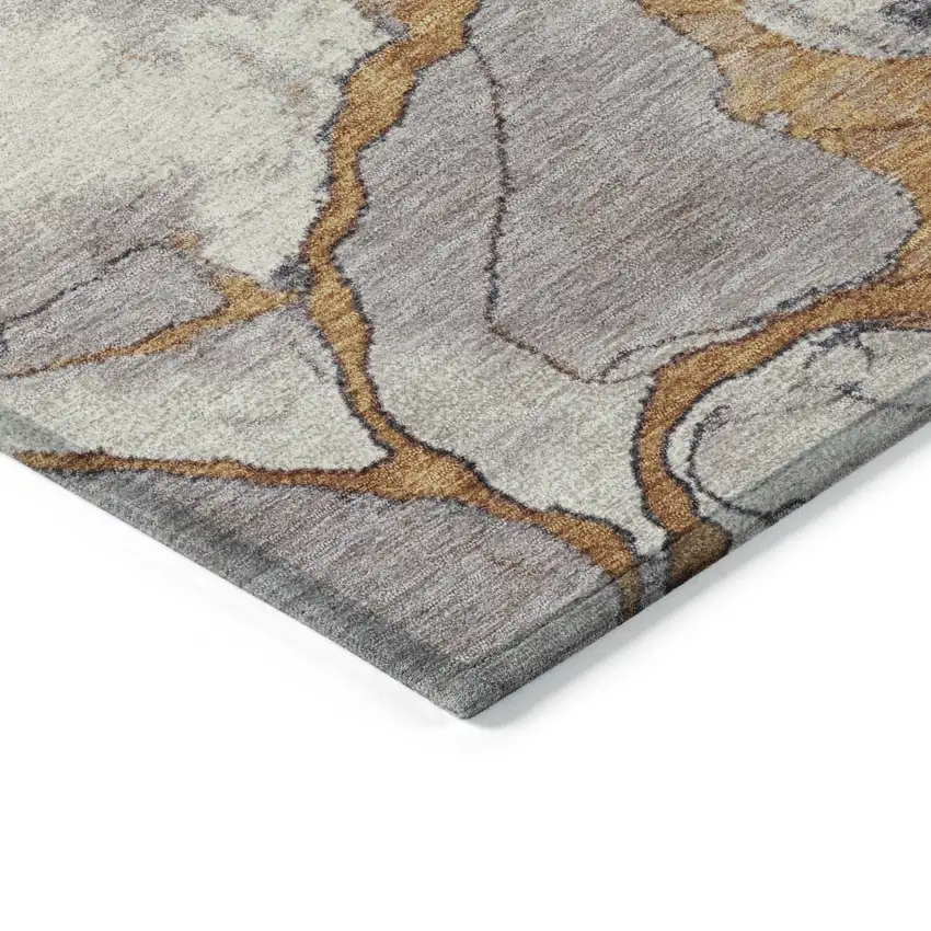 8' Gold And Charcoal Round Abstract Washable Indoor Outdoor Area Rug Photo 7