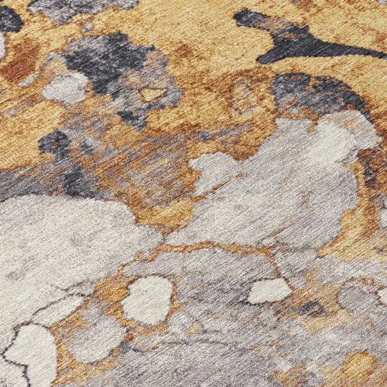 8' Gold And Charcoal Round Abstract Washable Indoor Outdoor Area Rug Photo 9