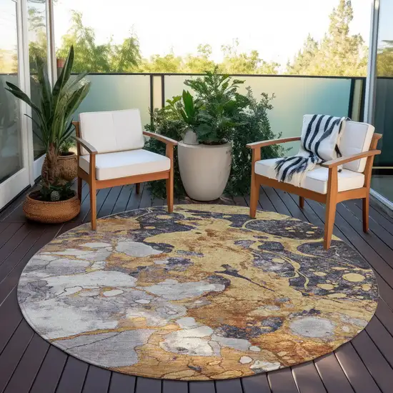 8' Gold And Charcoal Round Abstract Washable Indoor Outdoor Area Rug Photo 5