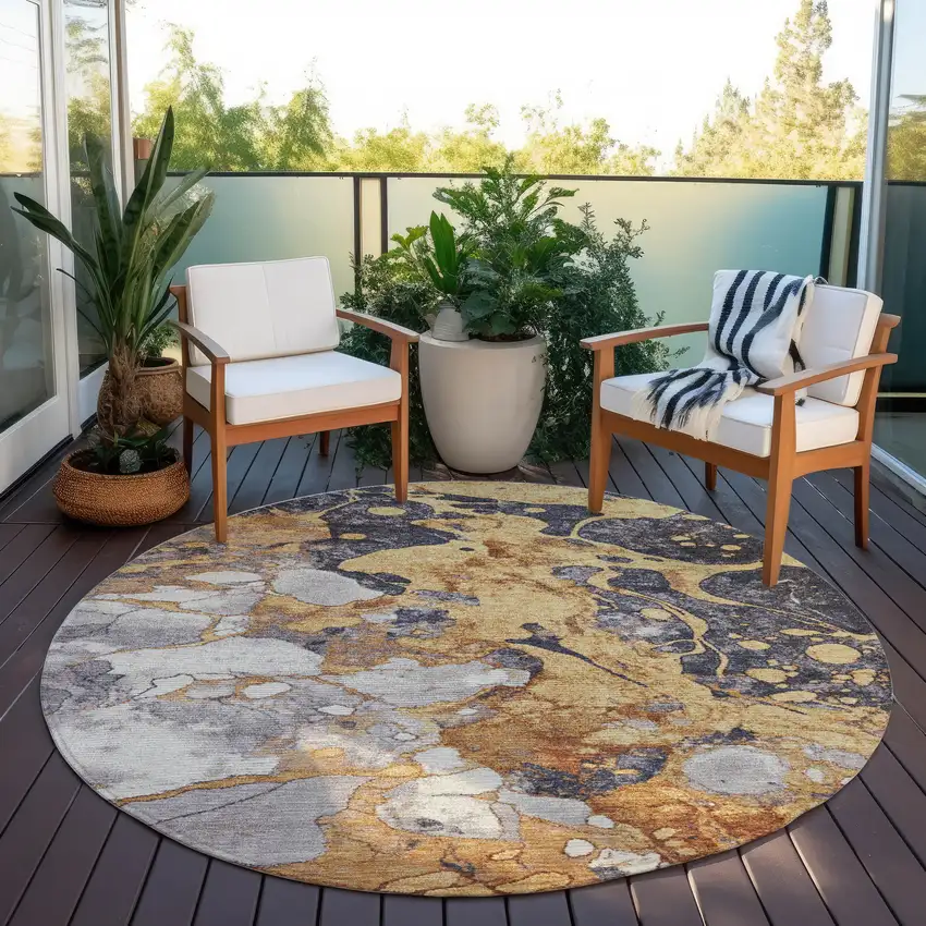 8' Gold And Charcoal Round Abstract Washable Indoor Outdoor Area Rug Photo 5