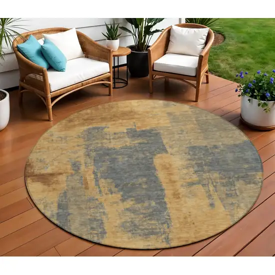 8' Gold And Charcoal Round Abstract Washable Indoor Outdoor Area Rug Photo 2