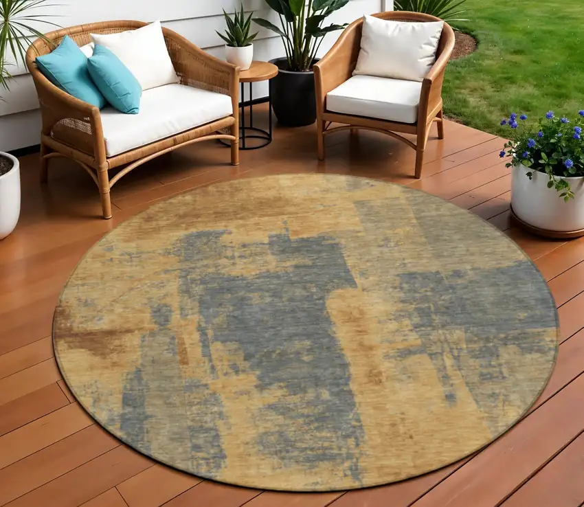 8' Gold And Charcoal Round Abstract Washable Indoor Outdoor Area Rug Photo 2
