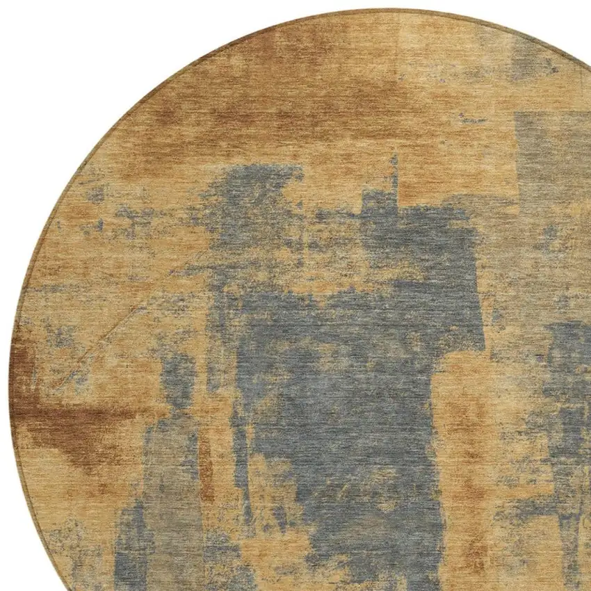 8' Gold And Charcoal Round Abstract Washable Indoor Outdoor Area Rug Photo 9