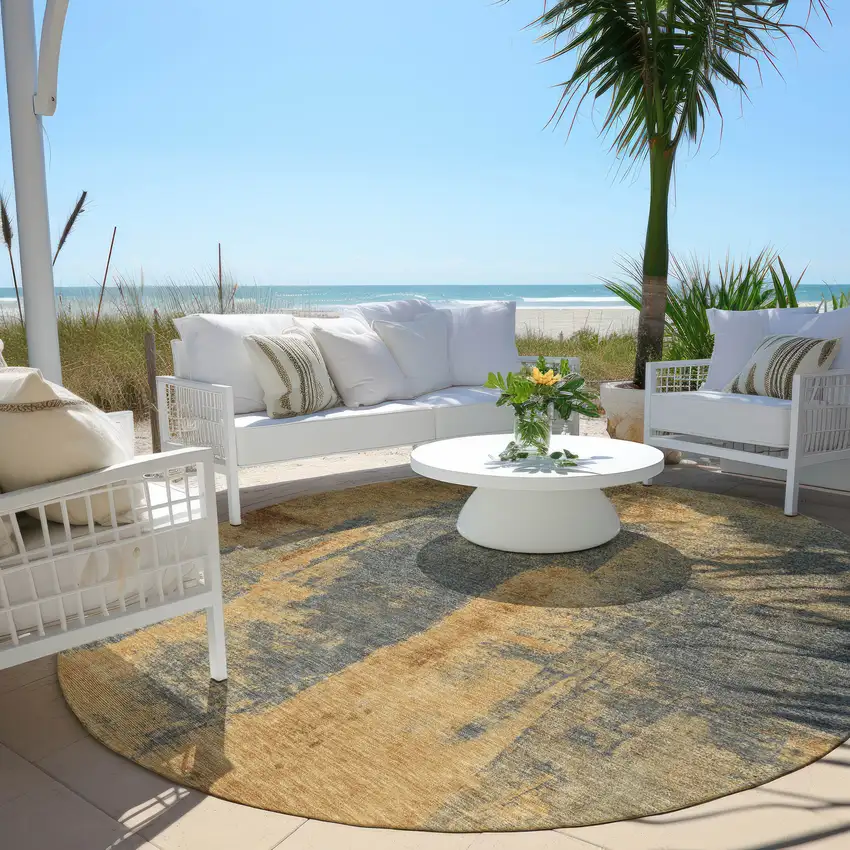 8' Gold And Charcoal Round Abstract Washable Indoor Outdoor Area Rug Photo 6