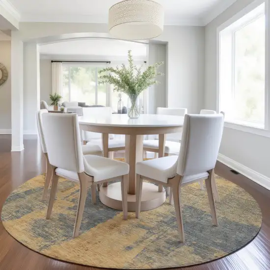 8' Gold And Charcoal Round Abstract Washable Indoor Outdoor Area Rug Photo 7